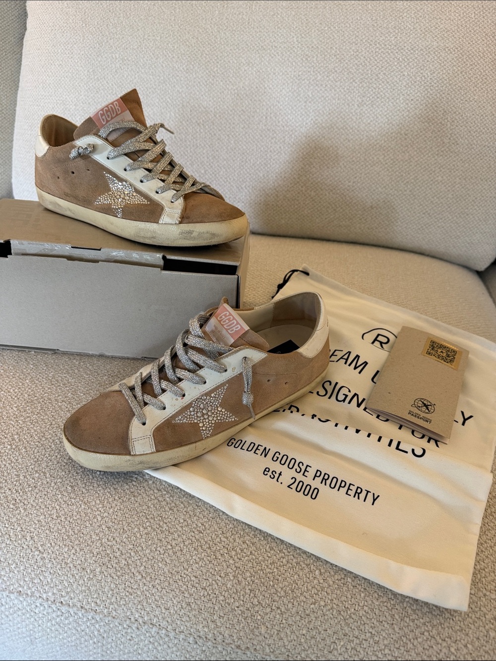 Golden Goose Super-Star Classic Tan Suede with Silver Crystal Star